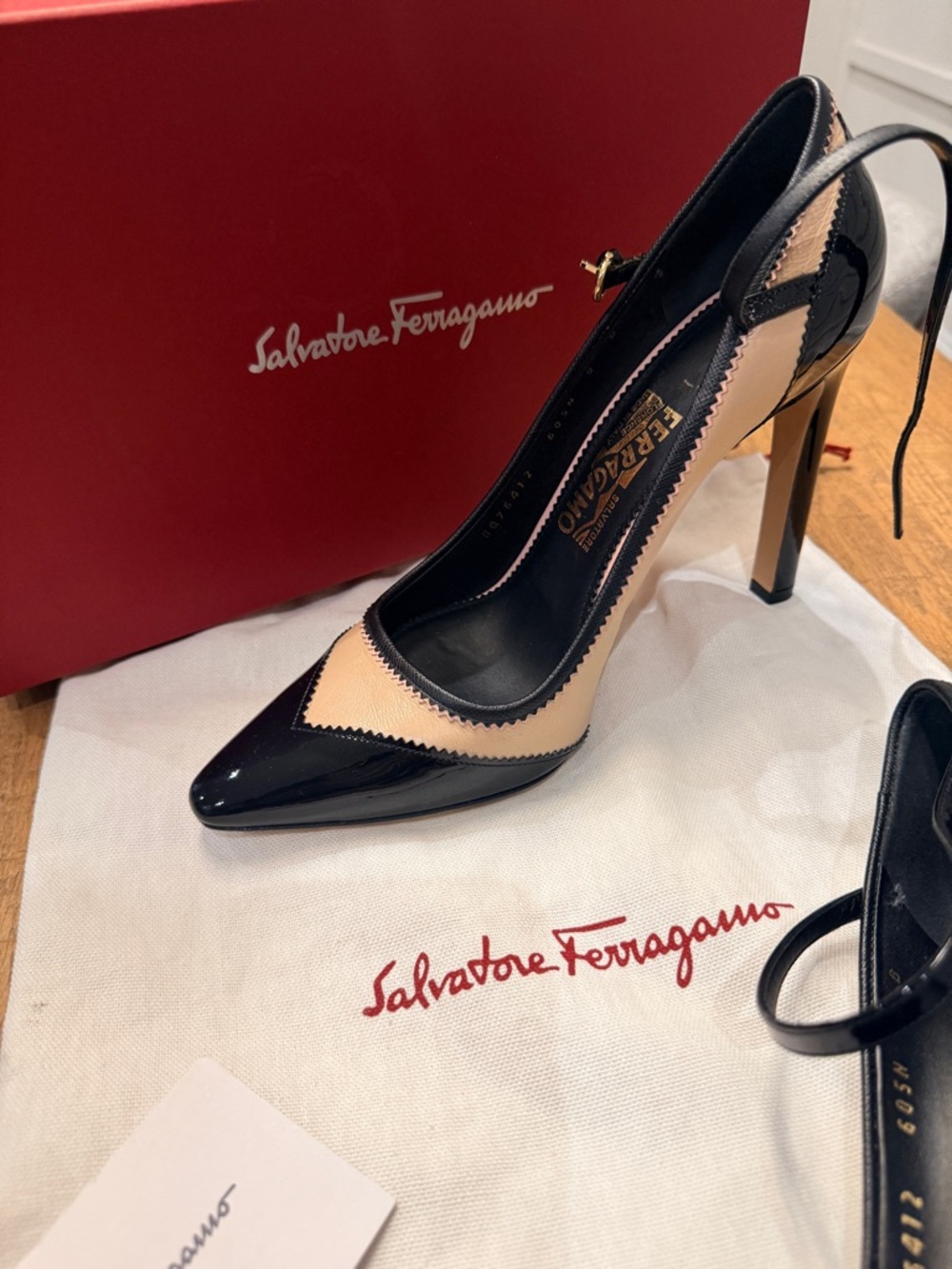 Salvatore Ferragamo Black and Nude Patent Leather Pointed-Toe Pumps